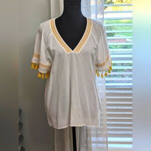 Hem & Thread Ivory Mustard Yellow Crochet Tassel Trim Knit Top Size Medium